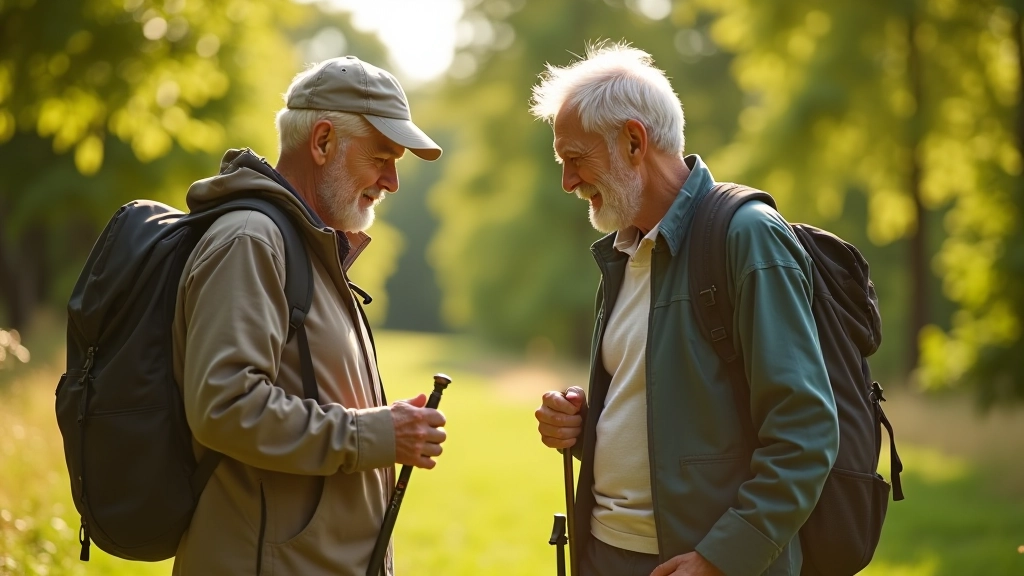 Seniori sarūpē apģērbu un ekipējumu pārgājienam, skaidrs dienas gaismas apstāklis