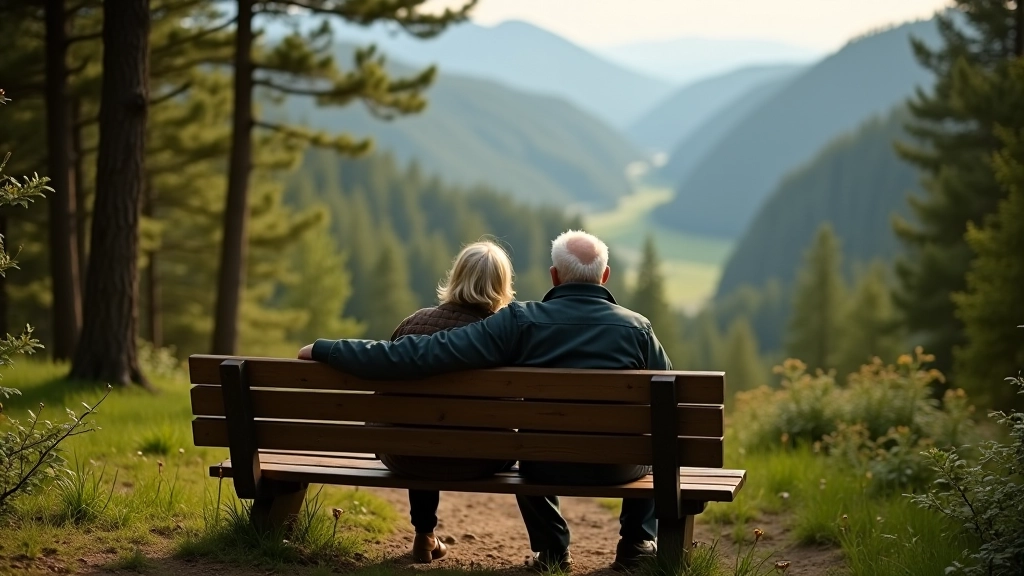 Seniori atpūšas uz sola pārgājiena vidū, skaists skats uz meža ieleju